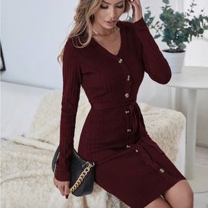 Belted Ribbed Knit Bodycon Sweater Dress